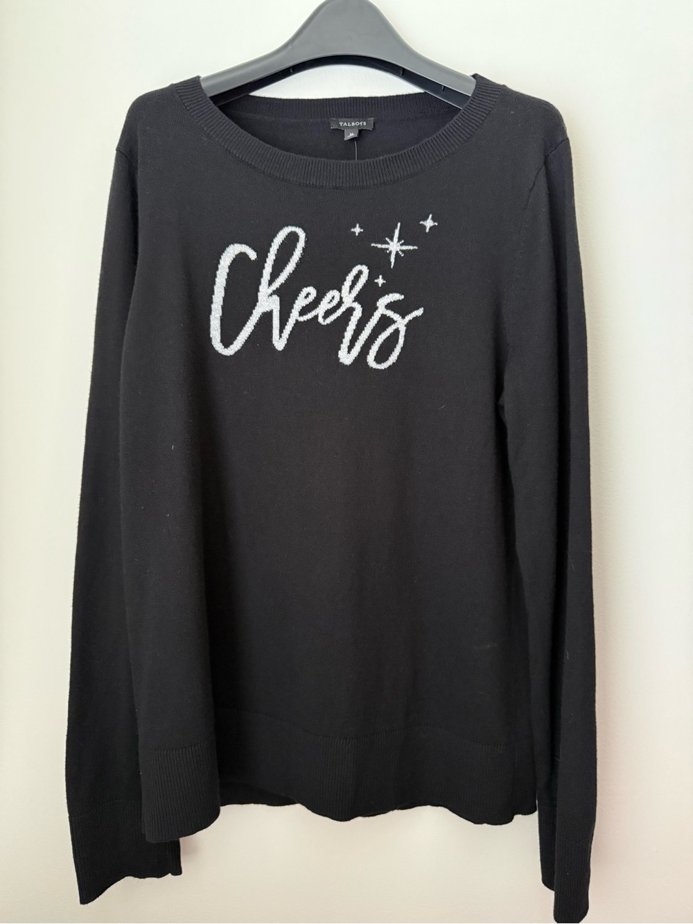 Talbots Cheers Festive Cashmere Blend Pullover Sweater Black Silver Medium NEW